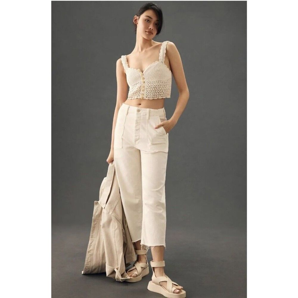 NEW Mother Patch Pocket Private Ankle Fray Cropped Jeans  In Cream Puffs Size 33